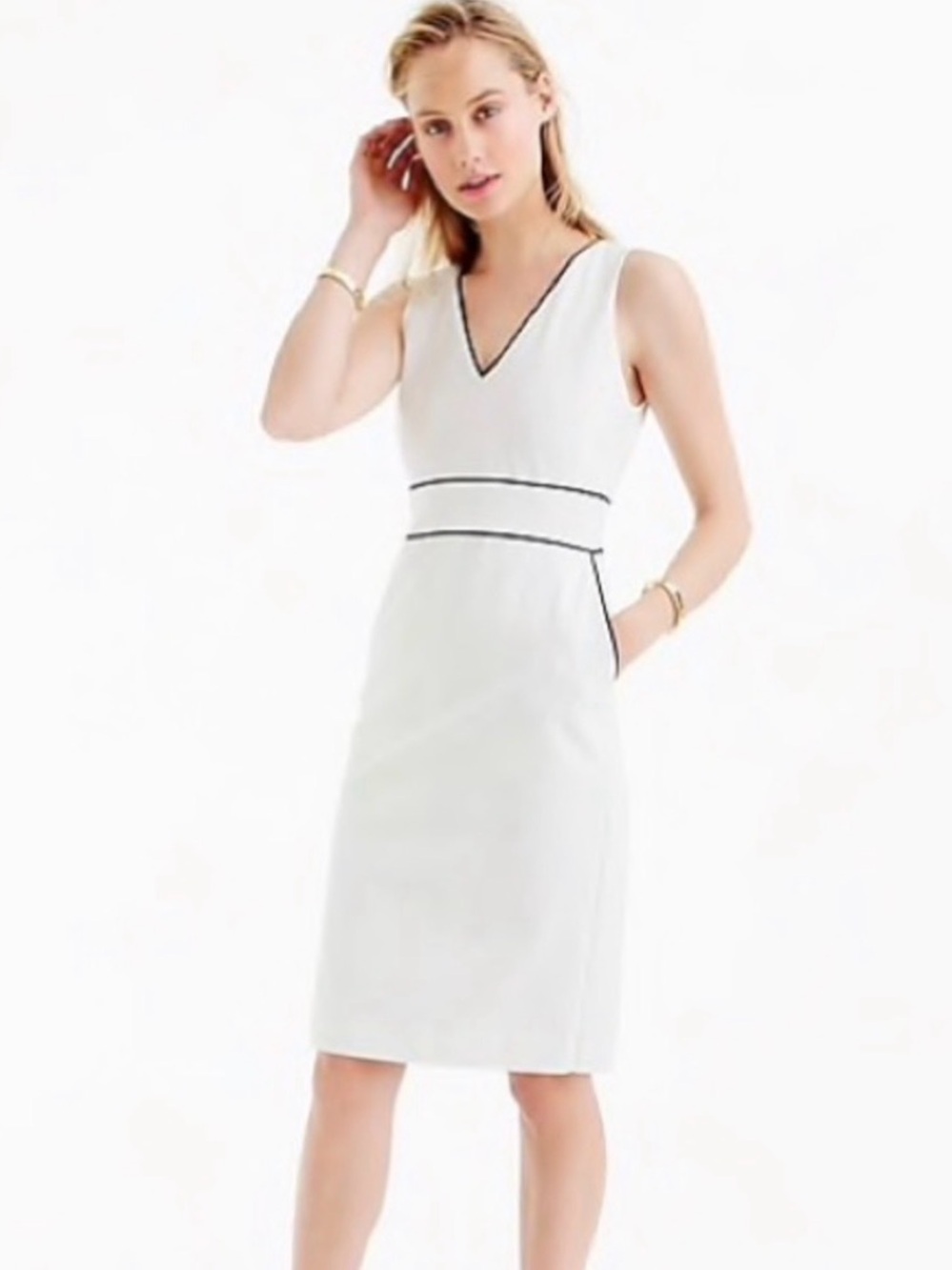 J.Crew ~ Sleeveless Stretch White Sheath Dress with Black Piping